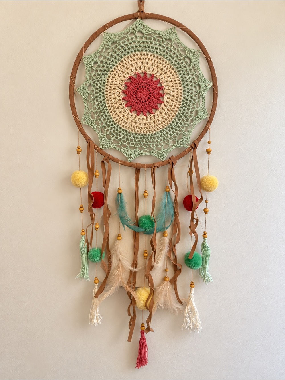Handmade Green and Cream Crochet Dreamcatcher Wall Art